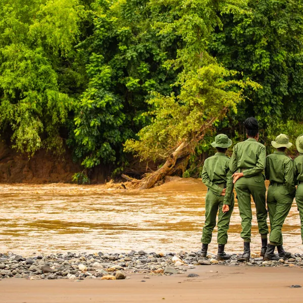 Four rangers in green uniforms with green hats stand on the bank of a brown river looking across to lush forest