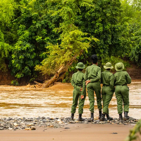 Four rangers in green uniforms with green hats stand on the bank of a brown river looking across to lush forest