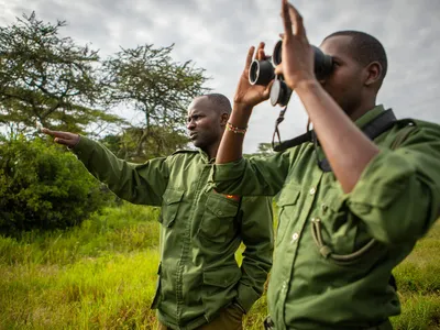 A wildlife ranger looks through binoculars while another points