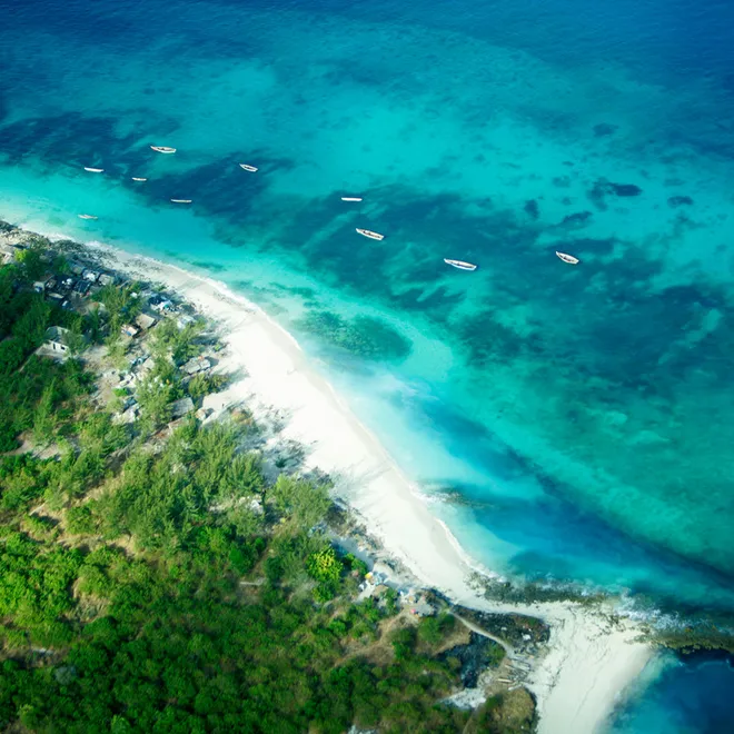 Aerial photo of beach with canoes alongside
