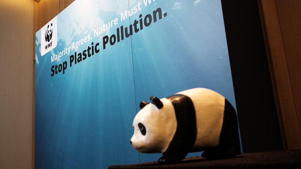 carving of panda in front of a banner that reads "stop plastic pollution"