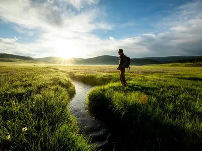 A man with a backpack stands in silhouette on a vast grassland