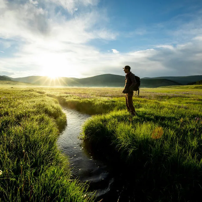 A man with a backpack stands in silhouette on a vast grassland