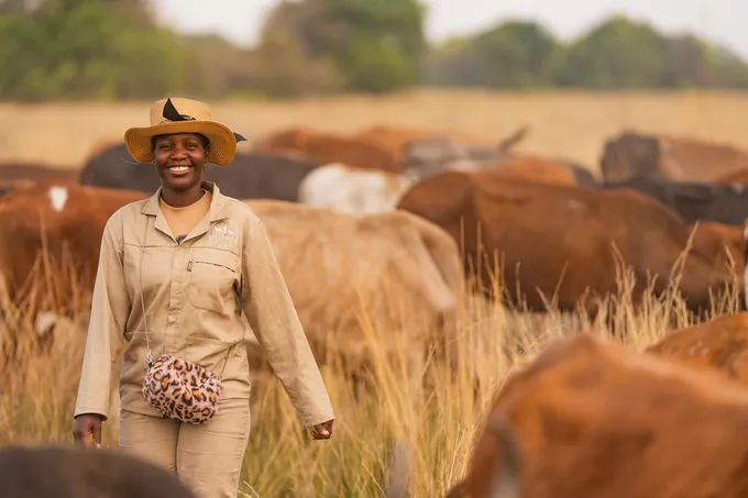 A woman smiles in a field with cattle