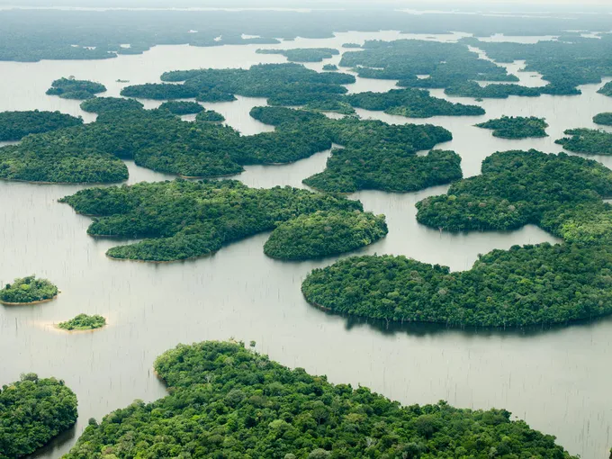 Photo taken from an airplane looking down at a large river dotted with many tree covered islands of all shapes and sizes.