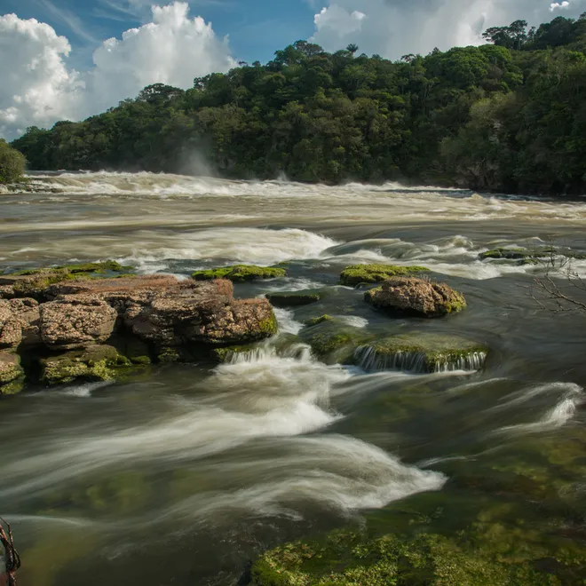 Landscape photo of the peaceful São Simão Falls at Juruena River in the Amazon.