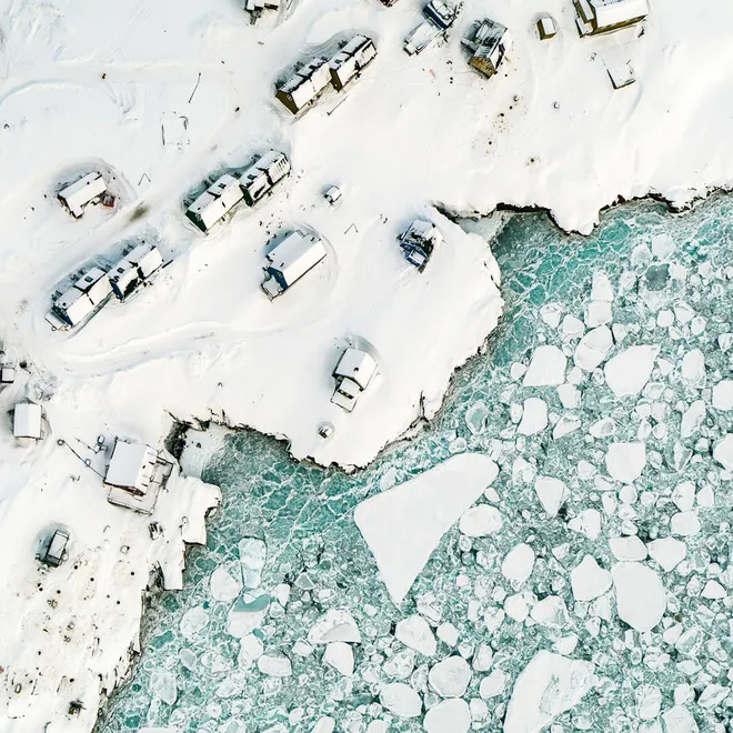 Aerial view of coastal village in the Arctic