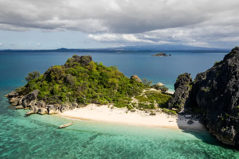 An aerial view of Nosy Hara island and archipelago in Madagascar