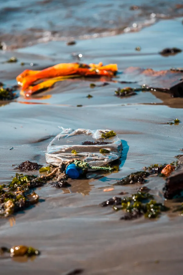 A crushed plastic bottle with a blue lid and an orange piece plastic waste rest near the waterline on a beach