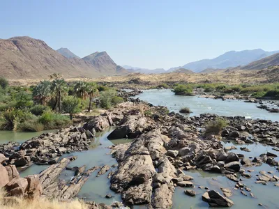 A river filled with rocks and green plants flows through mountains under a blue sky