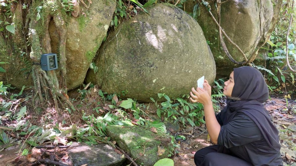 Female ranger Mila tests a camera trap that is attached to a tree in the forest