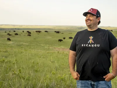 Profile of Bud Colombe in with bision in background on Wolakota Buffalo Range