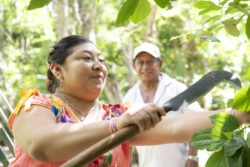 Rosa Cuxin Padilla and Francisco Canul Poot oversee the garden at the Yaxunah Community Center in Yucatan, Mexico