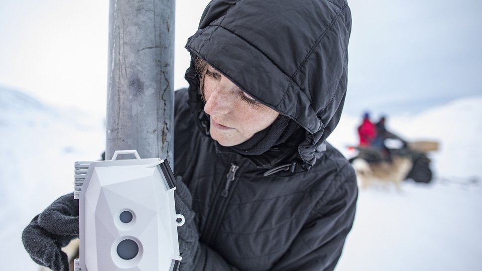 A woman in a black jacket sets up a thermal camera trap on a pole to watch for polar bears