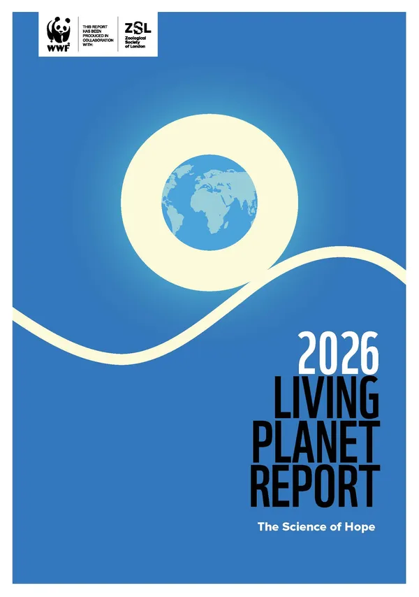 Cover of 2026 Living Planet Report with illustration of planet Earth on blue background
