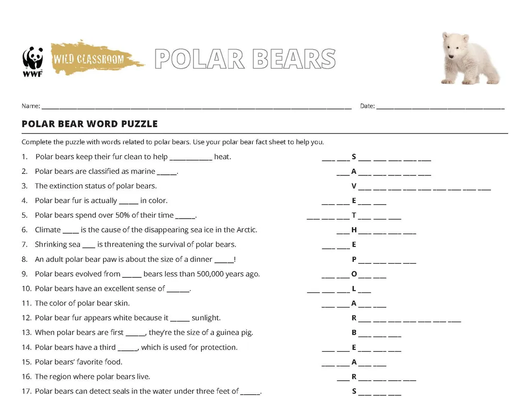 Screenshot of the first page of the polar bear word puzzle.
