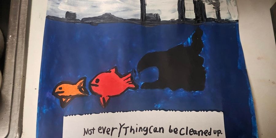 Artwork featuring the text "not everything can be cleaned up". It shows a factory above water with the pollution below water that is attacking the fish.