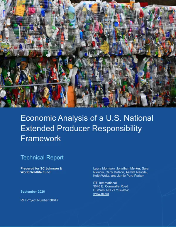 A report cover shows an image of compressed plastic at a recycling center and the report title and credits on a blue background