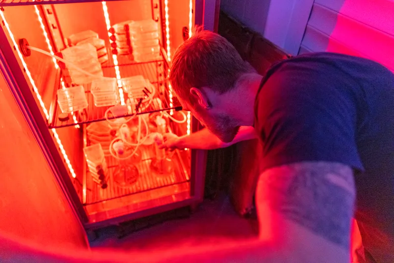Man leaning into low cabinet to scientific equipment