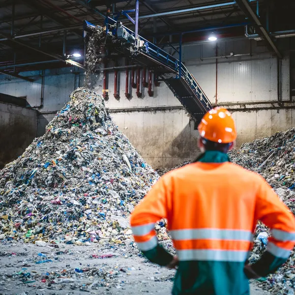 Plastic falling from conveyor belt onto pile at facility