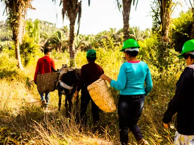 Farmers walking through woods with baskets