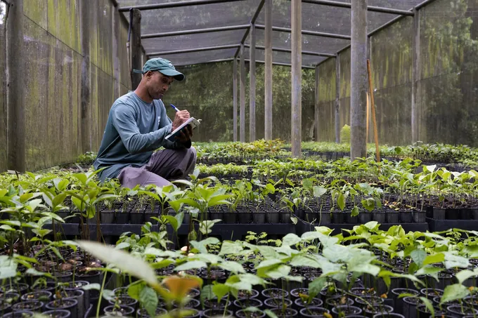 A person writes in a notebook in a greenhouse