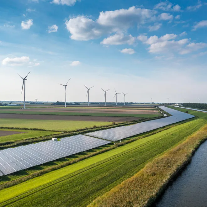 Solar panels and wind turbines generating renewable energy for green and sustainable future. Netherlands.