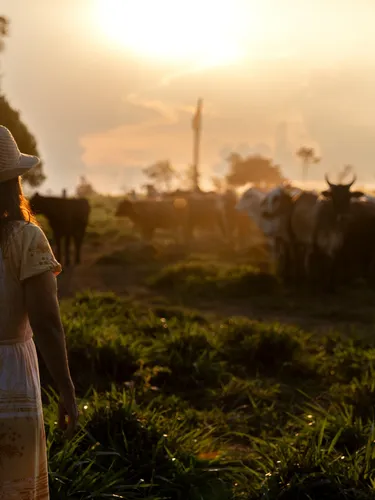 Verónica Cardozo looking at the cattle at sunset in Colibri Farm, Iñapari, Peru
