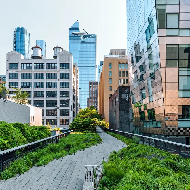 An elevated path between tall buildings