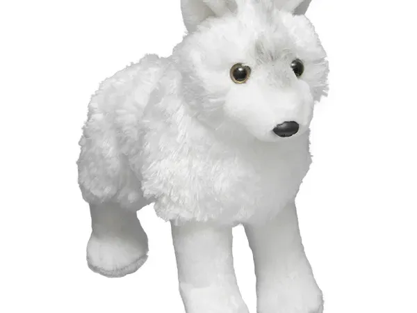 Arctic wolf plush against a white background