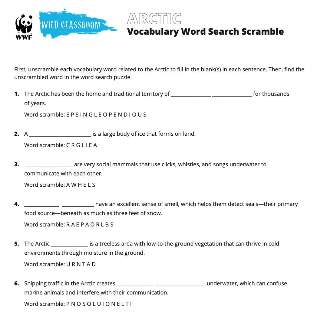 Arctic Vocabulary Word Search Scramble