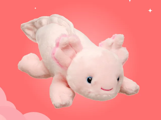 A cute axolotl plush against a pink background with stars.