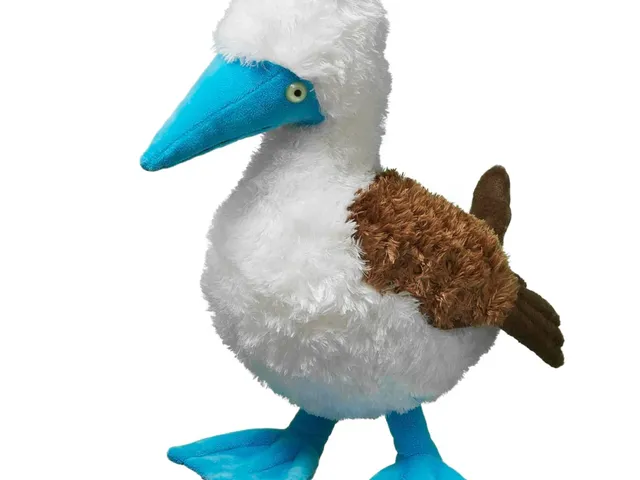 A blue-footed booby plush against a white background