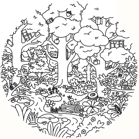 Line drawing of trees in forest