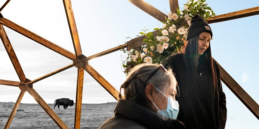 Two women looking at plants under a greenhouse frame