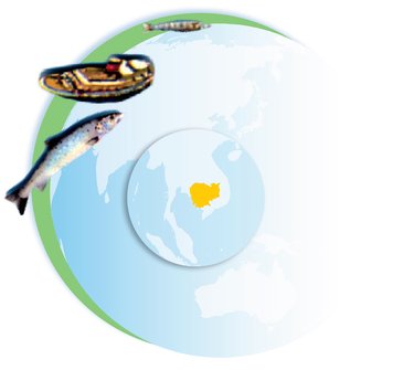 Globe showing Cambodia with boat and fish