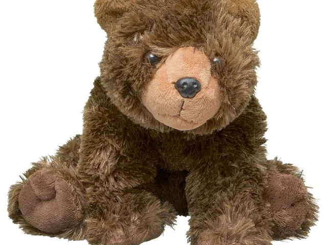 Grizzly bear plush against a white background