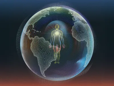 Illustration of a globe with a shining human figure within