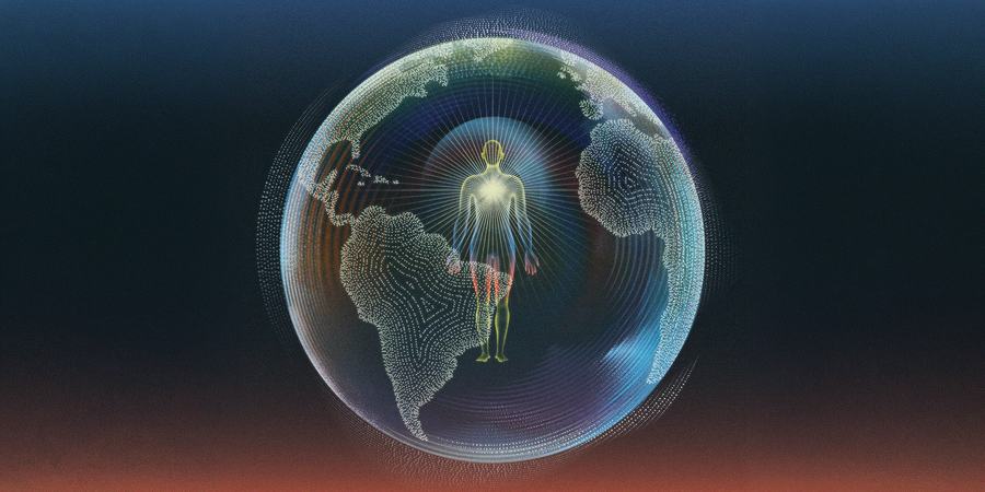Illustration of a globe with a shining human figure within