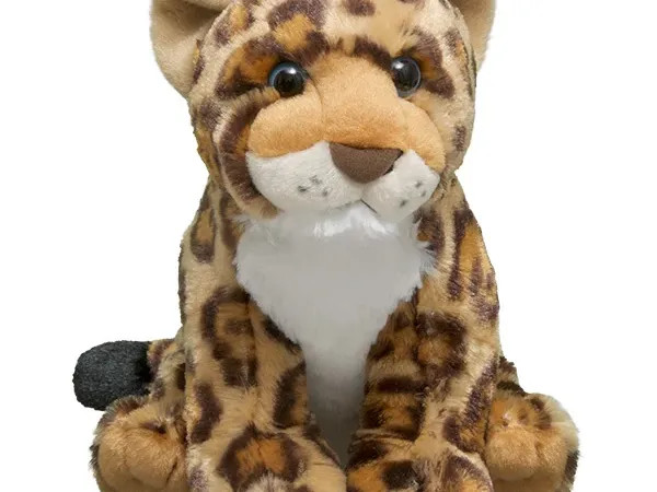 A spotted jaguar plush against a white backgrouns