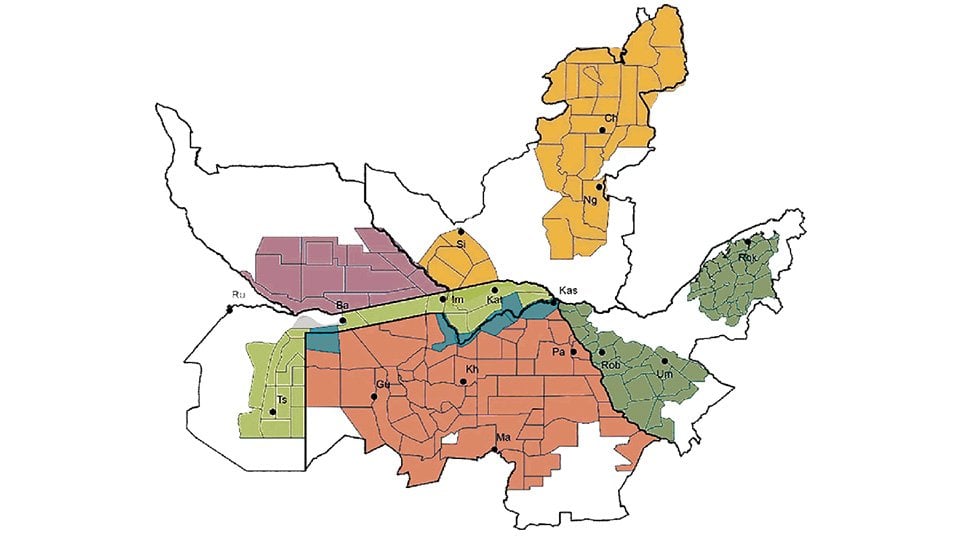 A map showing the various regions of KAZA