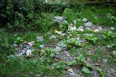 Litter scattered in a grassy area