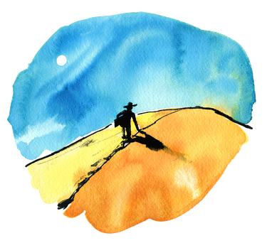 Watercolor illustration of a figure in the desert