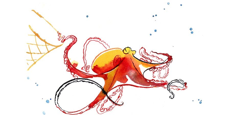 Illustration of a red octopus escaping a trap