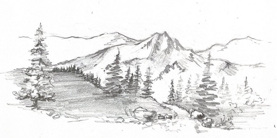 Pencil drawing of mountain landscape