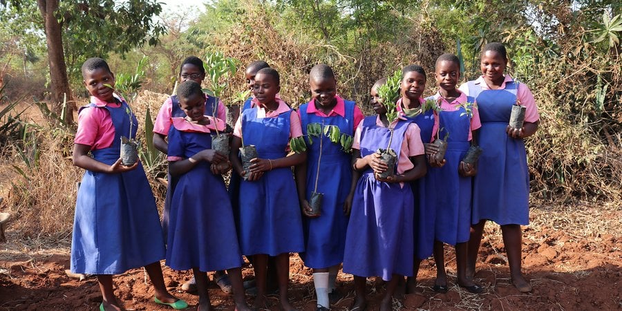 Girls lined up in school uniforms holding plants