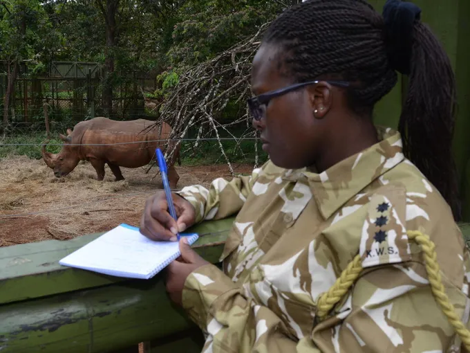 Christine Nyangweso writing a note with a rhino in the background