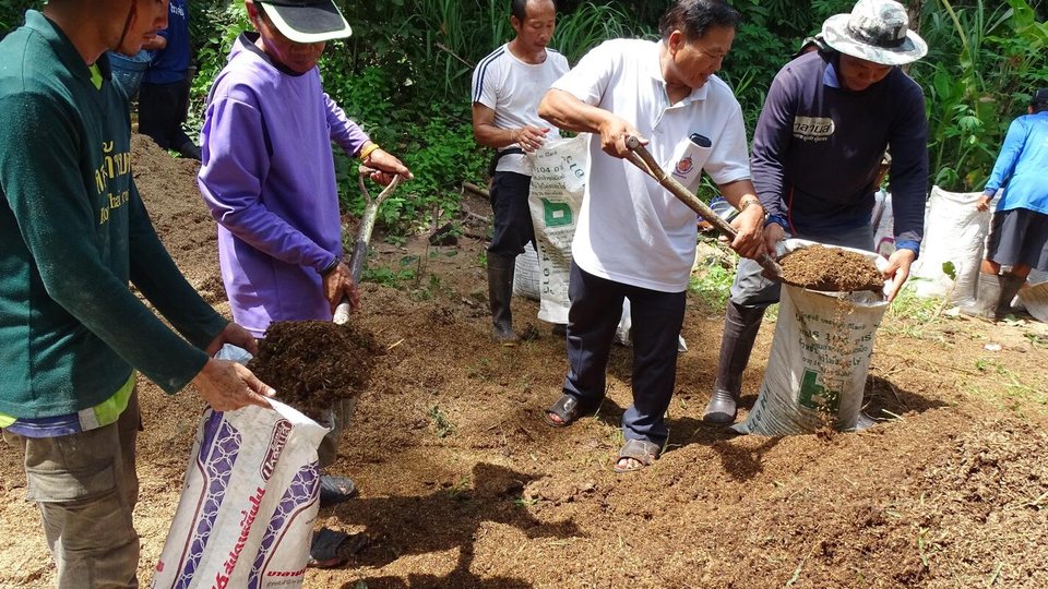 A group of men stand around a pile of organic fertilizer and shovel it into white storage sacks