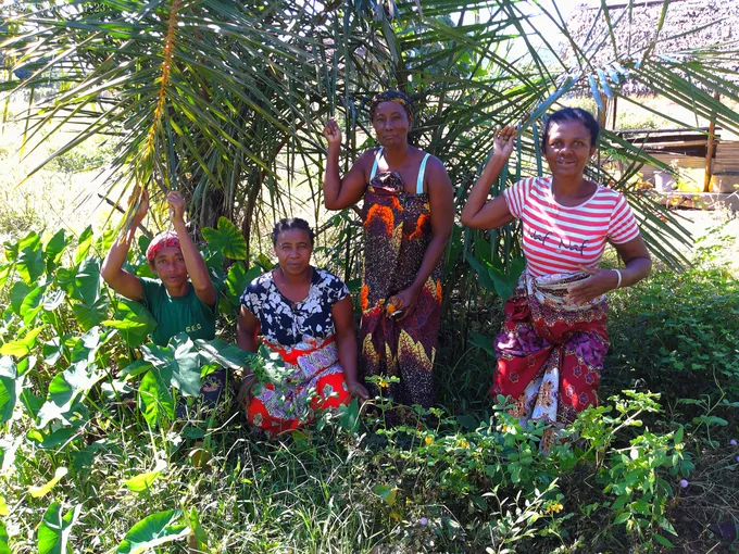Four women stand amongst green foliage