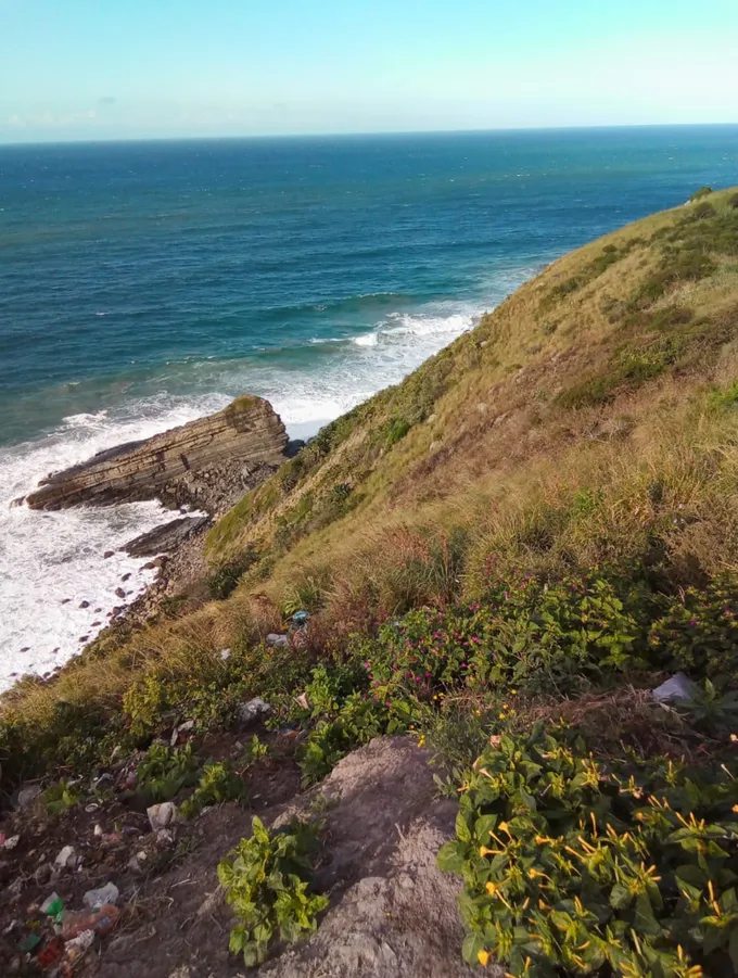 Scenic photo of seaside with grassy hill in bright sunshine